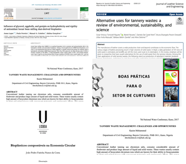 Exemplos de artigos científicos e relatórios técnicos pesquisados sobre os bioplásticos e os resíduos da indústria dos curtumes
