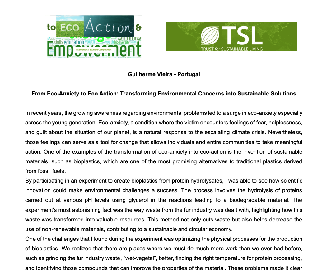 Participação no TSL 2025 International Student Competition 'ECO-ANXIETY' - Trust for Sustainable Living, com um Essay sobre o projeto